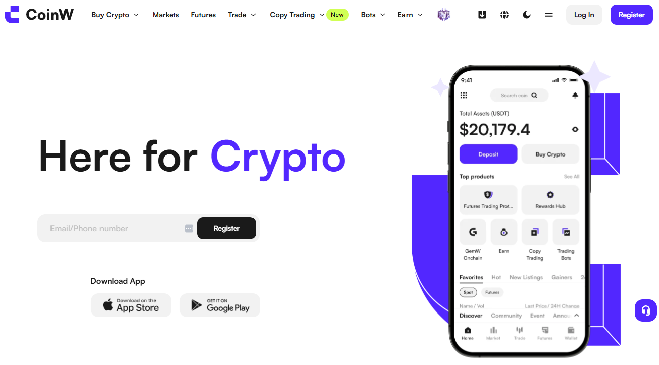 CoinW handelsplatform met spot futures ETFs en CoinW Card