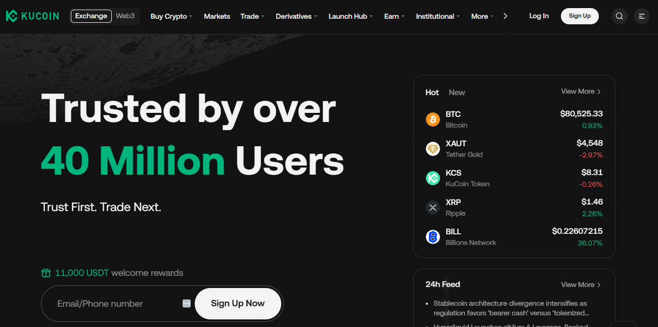 KuCoin handelsplatform met spot futures en altcoin aanbod