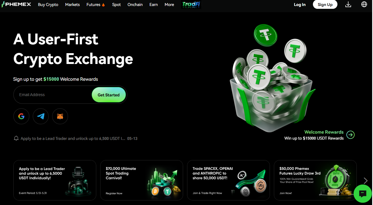 Phemex handelsplatform met spot futures en derivaten